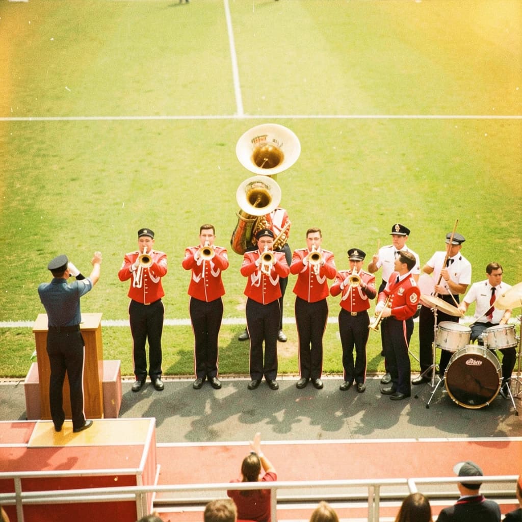Nineteen seventies Kodachrome-era colour film look, faded warm grain and slight overexposure: a high school marching band seen from a stadium walkway. Front rank of five trumpet players in red and white uniforms, all with horns raised. Behind them three sousaphones in a triangle, the middle player caught mid turn. A line of four drummers to the right, the snare drummer nearest the camera mid stroke. A single drum major stands on a podium at the far left with his back to us, arms up. Empty green field behind them.