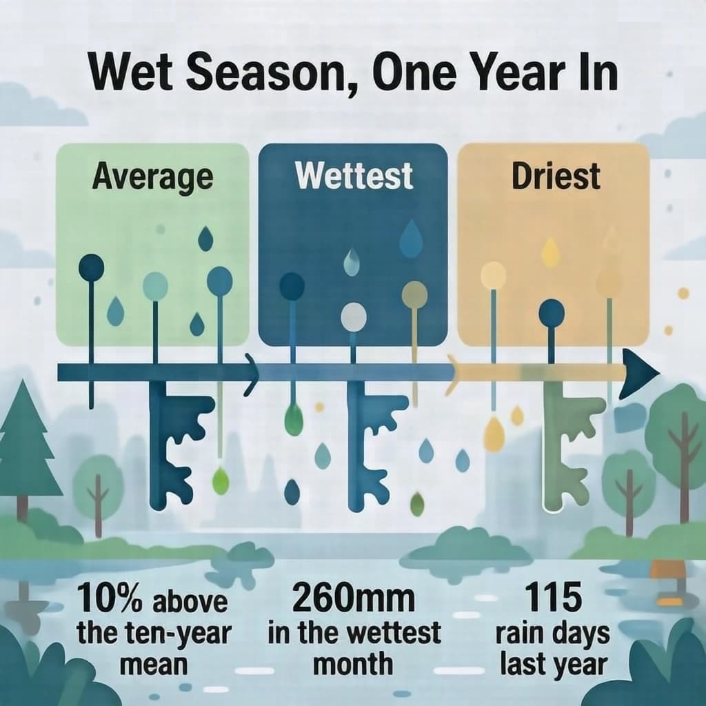 Flat vector illustration titled "Wet Season, One Year In". A twelve-month rainfall timeline sits at the center, carrying three keyed regions, "Average" shaded pale green, "Wettest" shaded dark blue and "Driest" shaded sand. Three stat chips run down a bottom row, reading "10% above the ten-year mean", "260mm in the wettest month" and "115 rain days last year". Each key color matches the shading of the region it names.