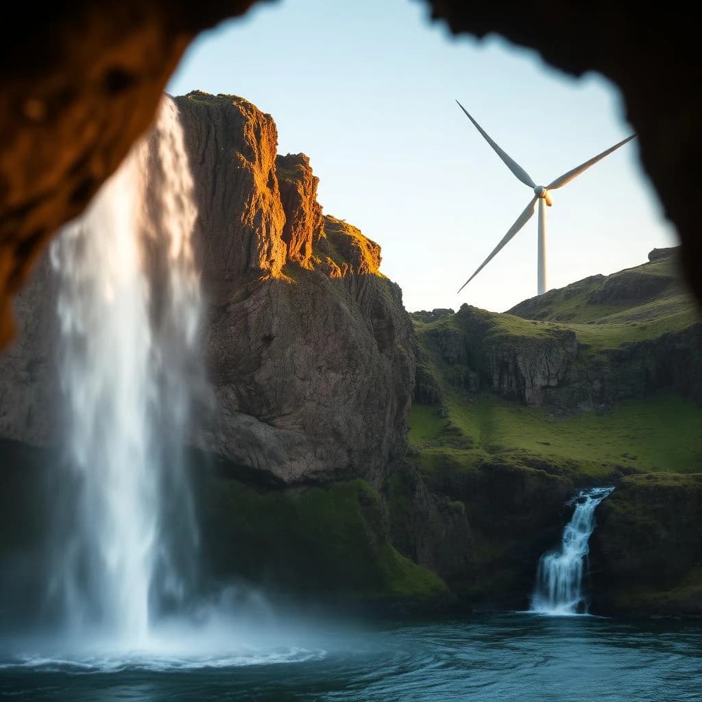 200mm f/1.4 close-up framing of a wind turbine beside a waterfall, lit by bounced light, deep focus, soft pastel color grade