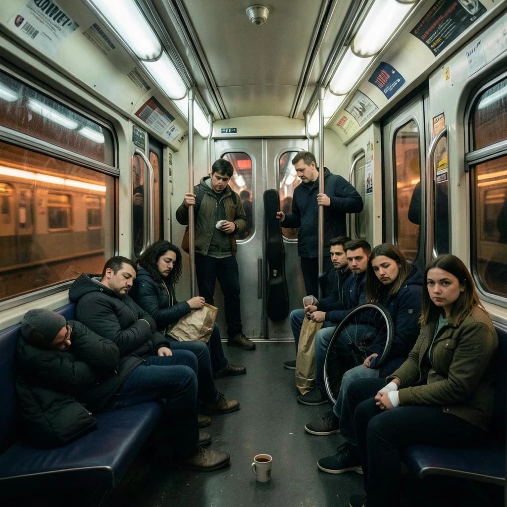 Cinematic photograph inside a late night subway car, handheld, lit only by flickering ceiling strips and orange platform light sliding past the windows. Nine passengers down the car: the three on the left bench all sleep with heads tipped at different angles, the four on the right bench are awake, one folding a paper bag, one holding a bike wheel upright between his knees, one wrapping her own wrist in tape, one staring straight into the lens. Two more stand at the far doors gripping the same pole with a violin case wedged between them. An empty seat beside the nearest sleeper, a coffee cup rolling under it.
