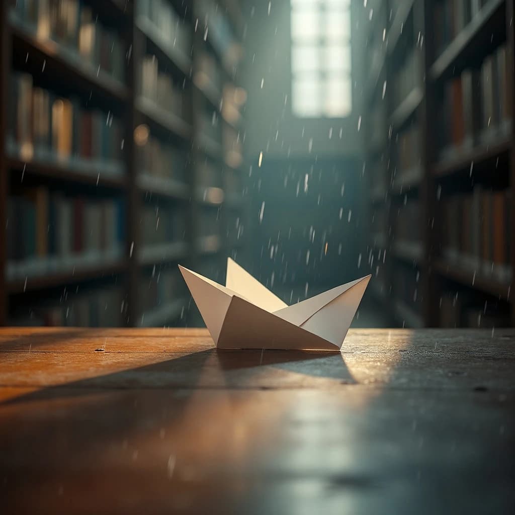 The quiet second when a paper airplane picks up a soft edge highlight, in a quiet library, after a light rain shower.