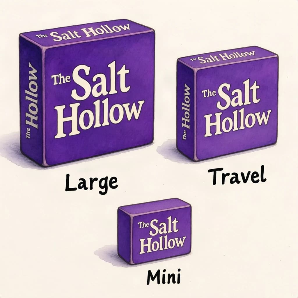 Watercolor of the same board-game box drawn in three editions, captioned "Large", "Travel" and "Mini", every edition carrying the wordmark "The Salt Hollow" in the same purple-and-white coloring, only the box size changing.
