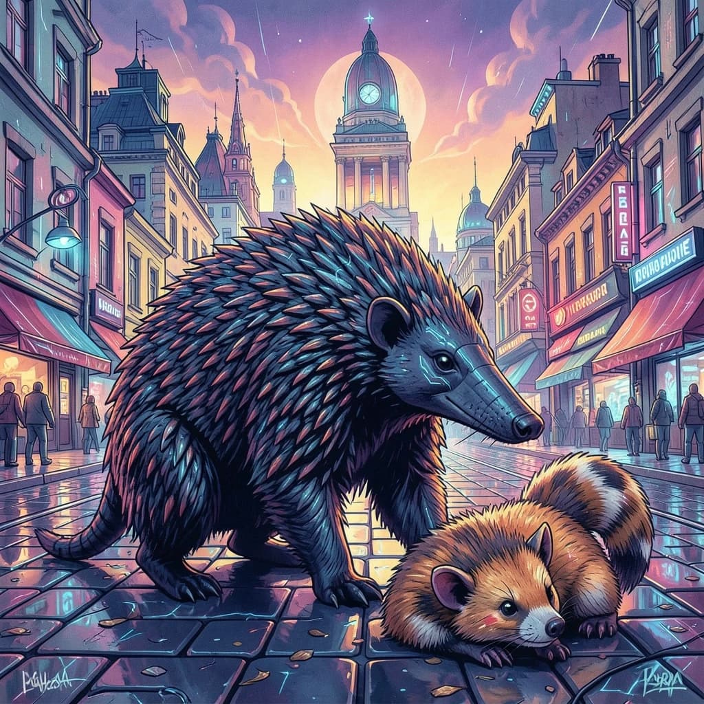 Scaly Anteater and Ringtail in Bucharest, Romania in the style of futurism