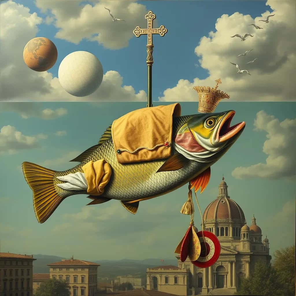 Scapular and Game Fish in Rome, Italy in the style of surrealist
