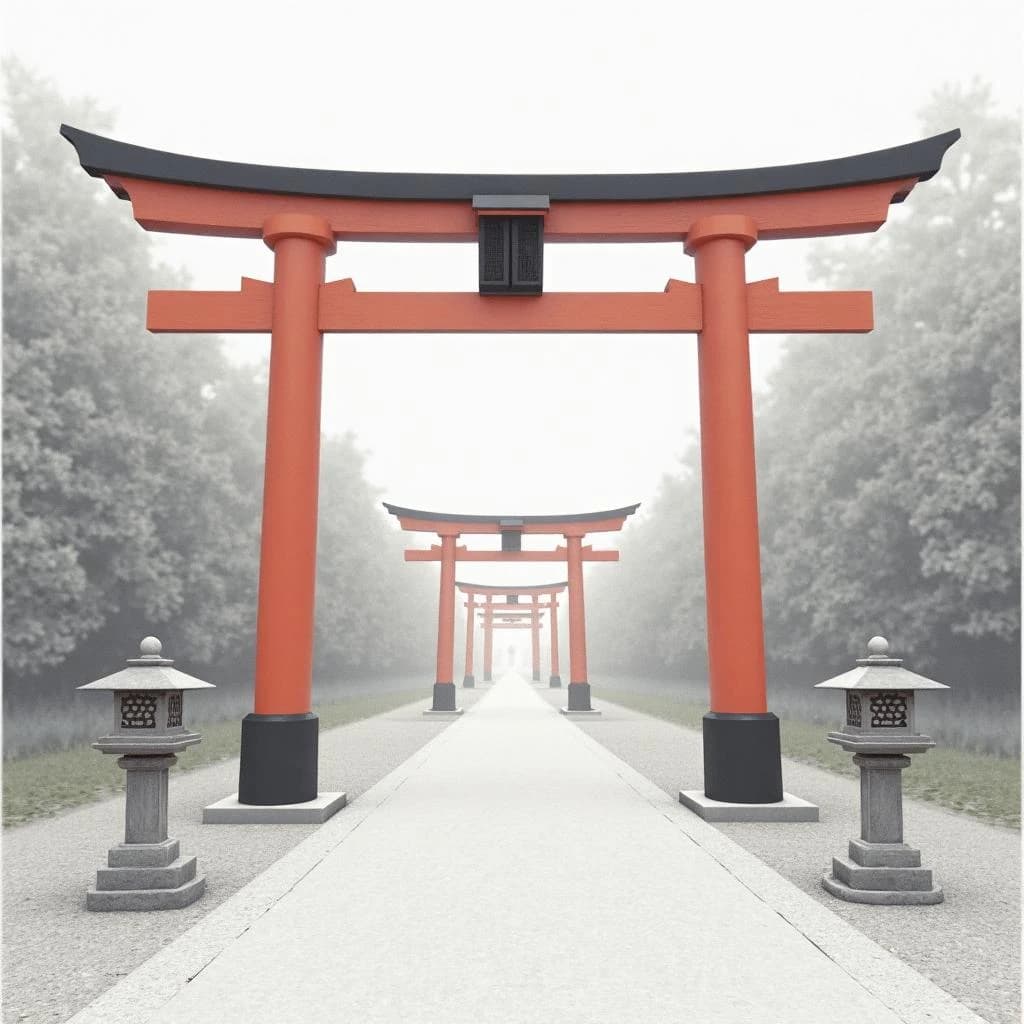 Architectural visualization of a shrine approach, soft daylight, matte grey and white presentation render. A straight gravel path runs from foreground to background under six torii gates set in a line, each gate shorter than the one before it. The four nearest gates are vermilion with black crossbeams; the two farthest are bare weathered timber. A pair of stone lanterns flanks the third gate only. Thin dimension lines mark each gate's clear width in metres, and a title block in the lower left corner reads "Approach Study, Gates 1 to 6".
