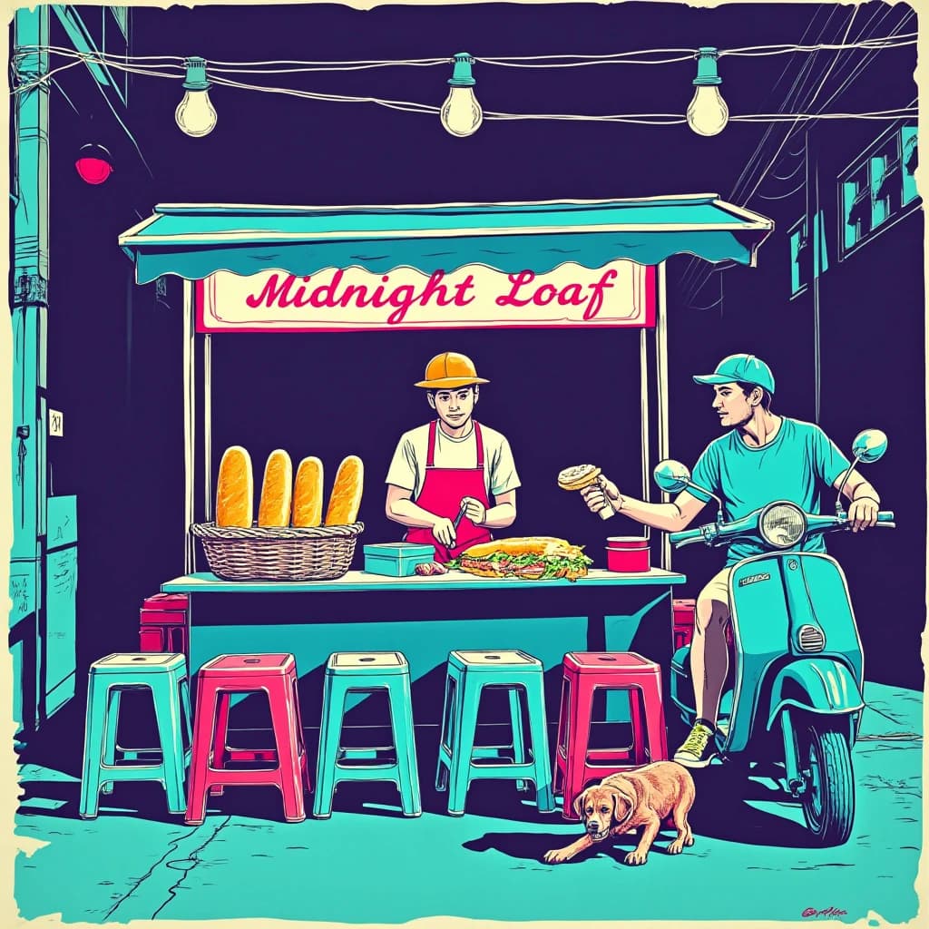 Two-color risograph print key art in fluorescent pink and teal with visible misregistration and paper grain, for a street food courier game. A night market alley: the banh mi cart at center with three baguettes standing upright in a basket and two more being sliced by the vendor, who hands one wrapped sandwich down to a courier straddling a scooter. Four plastic stools in front of the cart, three occupied and the one nearest the gutter tipped over. Two strings of bulbs cross overhead. A dog waits under the cart axle. The stall banner reads "Midnight Loaf".