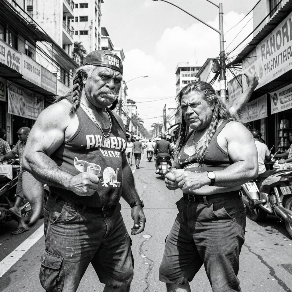 Channel Cat and Megathere in Manila, Philippines in the style of black and white