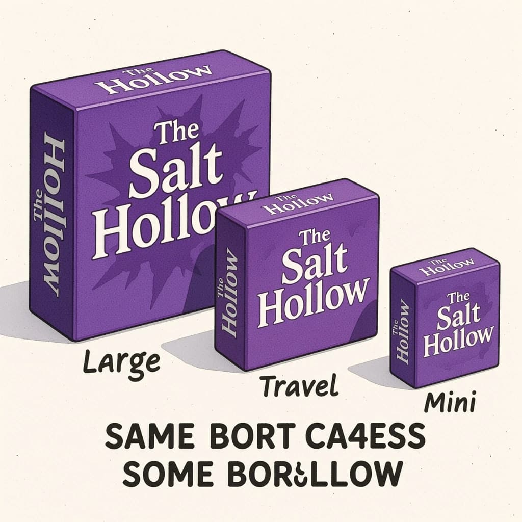 Watercolor of the same board-game box drawn in three editions, captioned "Large", "Travel" and "Mini", every edition carrying the wordmark "The Salt Hollow" in the same purple-and-white coloring, only the box size changing.