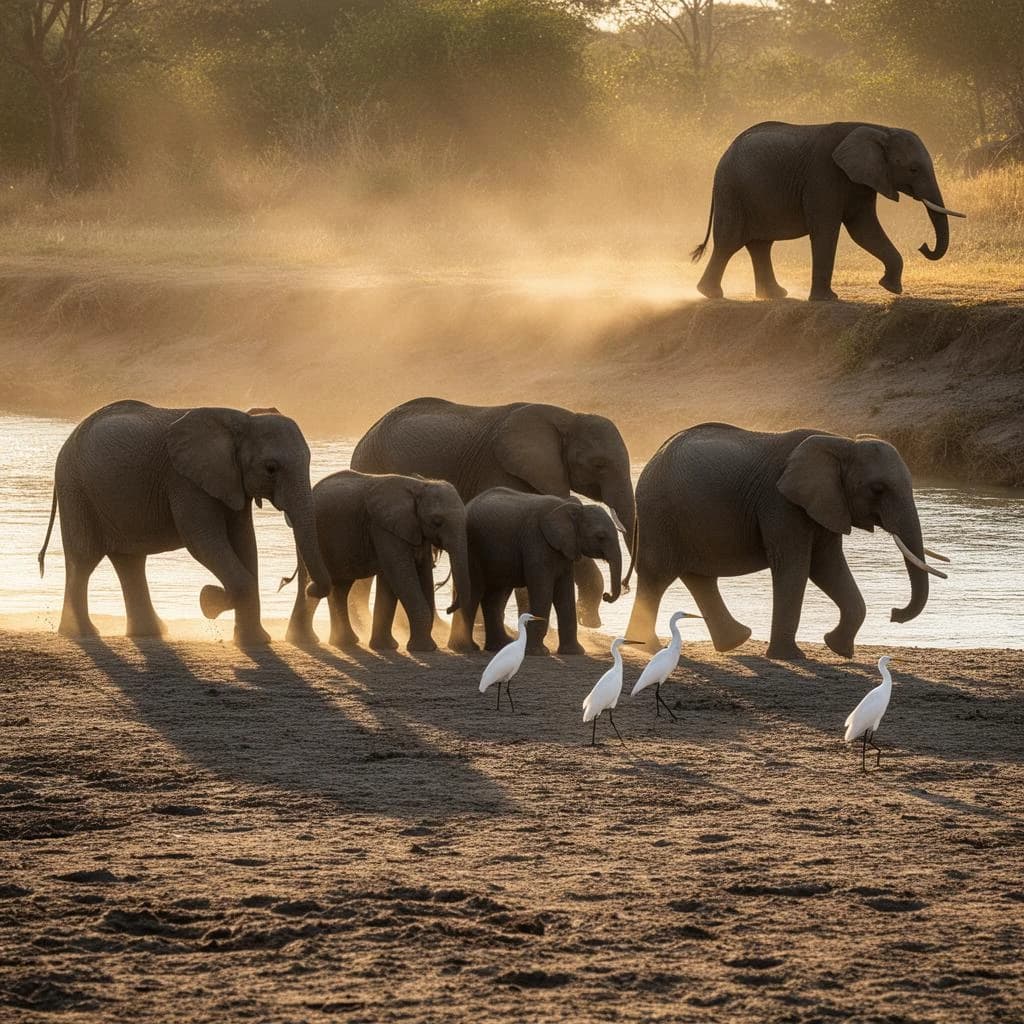 Wildlife photograph for a conservation campaign: a herd crossing a dusty riverbed in low sun. Seven elephants walking left to right, three adults flanking on the outside and two calves tucked between them, one adult trailing at the rear with a broken tusk, and the lead matriarch already up the far bank. Four egrets on the ground, only two of them near the calves. Long shadows, dust haze, nothing written in frame.