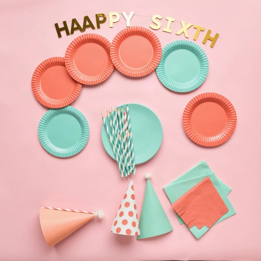 Flat lay photograph on pale pink paper, lit softly from above.
Eight paper plates fanned in an arc across the top of the frame, alternating mint and coral, four of each, mint first from the left.
Below the arc, twelve striped candles bundled under a paper band, laid diagonally.
Three cone party hats stacked at the lower left, only the middle hat trimmed with a pom pom.
At the lower right, six folded napkins in two piles of three, one pile mint and one coral.
A paper banner strung across the very top spells "HAPPY SIXTH" in gold letters, a few letters overlapping the plate arc.