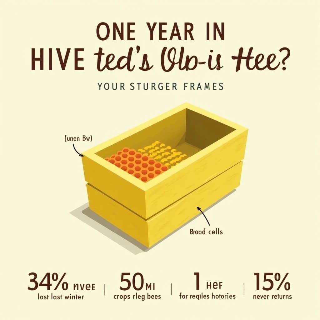 Printed poster titled "Hive, One Year In": at the center a cutaway of a hive frame, carrying two keyed regions, "Pollen basket" shaded amber and "Brood cells" shaded olive, beside a bottom row of three stat chips reading "34% of hives lost last winter", "50 crops rely on bees" and "1 in 15 foragers never returns".