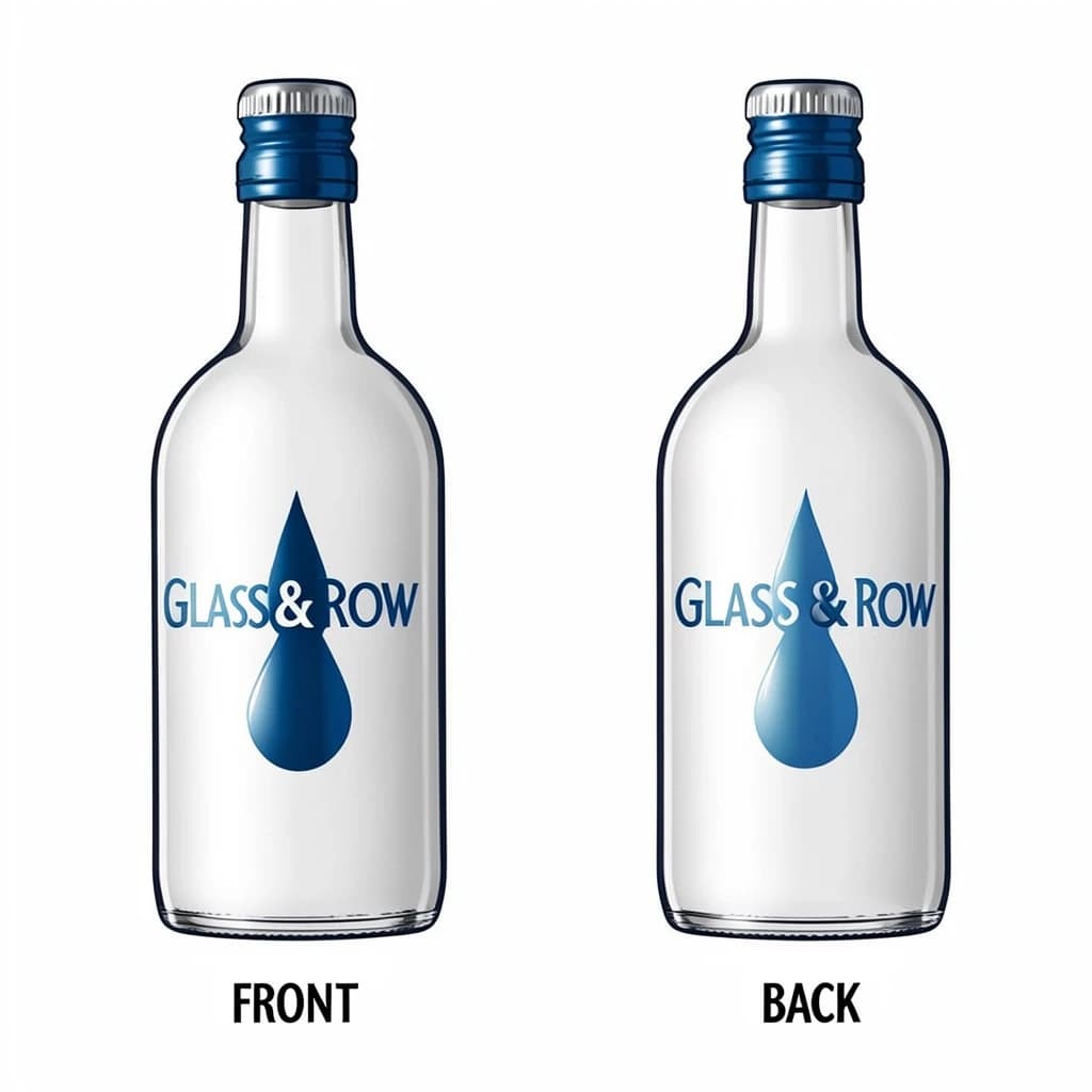 Printed poster of the same hot-sauce bottle drawn in two views, captioned "front" and "back", every view carrying the wordmark "Glass & Row" with a single droplet symbol beside it in the same blue-and-silver coloring, only the angle changing.