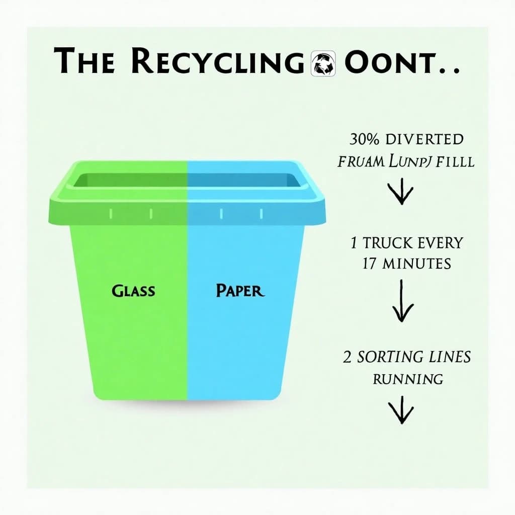 Printed poster titled "The Recycling Count". Three sorting bins with arrows to their destinations sits at the center, carrying two keyed regions, "Glass" shaded green and "Paper" shaded blue. Three stat chips run down a right column, reading "30% diverted from landfill", "1 truck every 17 minutes" and "2 sorting lines running". Each key color matches the shading of the region it names.