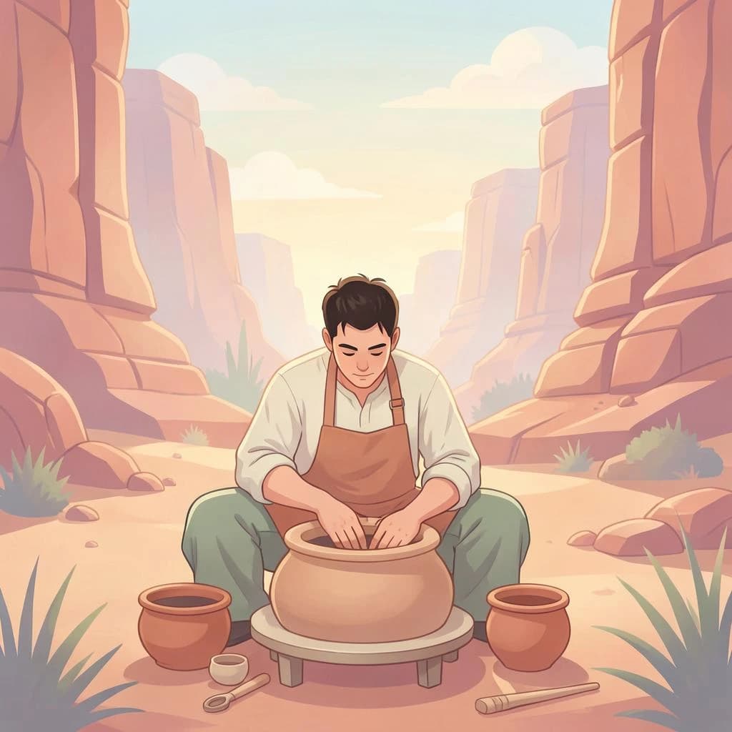 Poster illustration of a potter in a desert canyon, soft gradient fills, smooth vector finish, pastel palette.