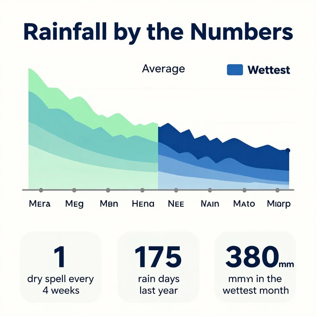 Flat infographic titled "Rainfall by the Numbers": at the center a twelve-month rainfall timeline, carrying two keyed regions, "Average" shaded pale green and "Wettest" shaded dark blue, beside a bottom row of three stat chips reading "1 dry spell every 4 weeks", "175 rain days last year" and "380mm in the wettest month".