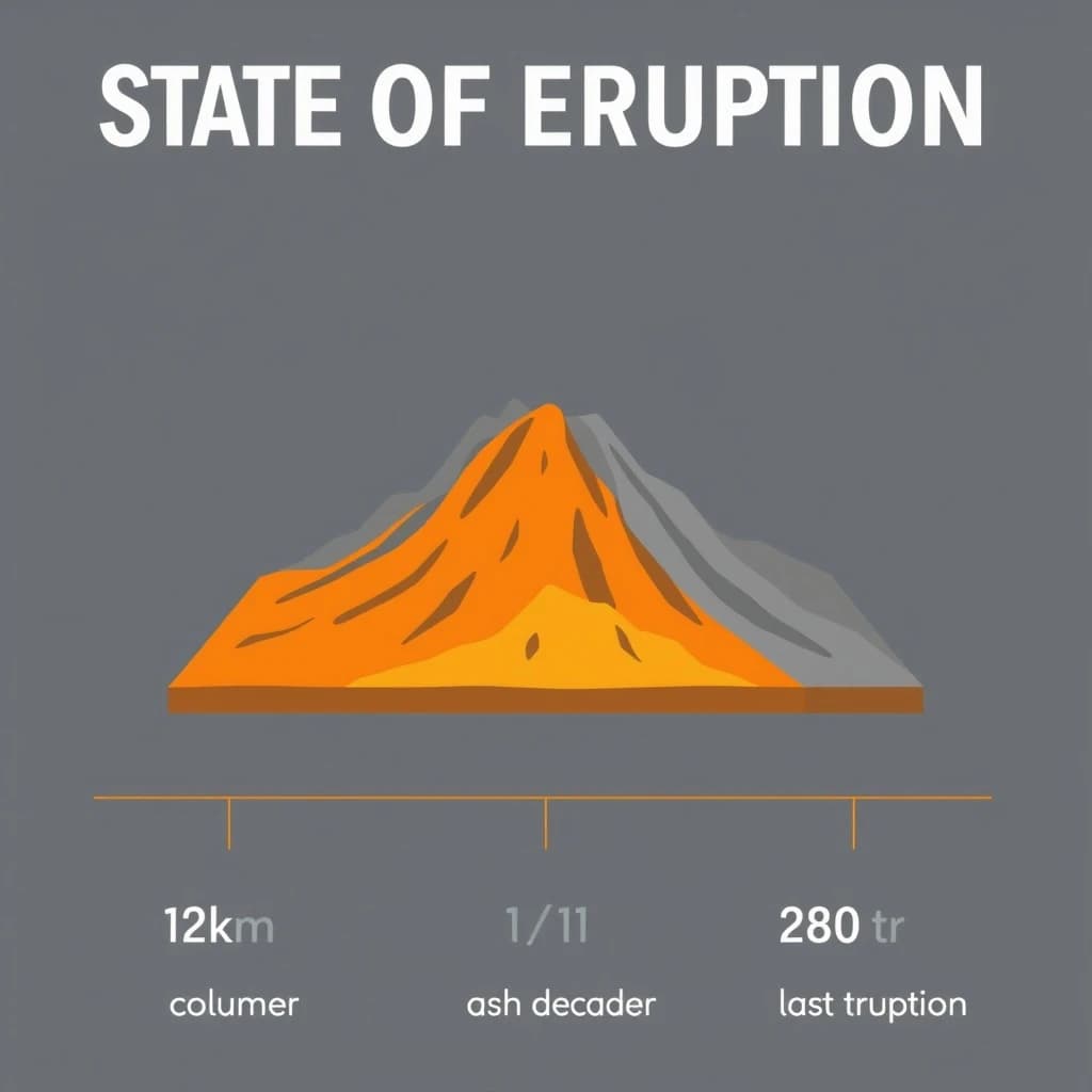 Flat infographic titled "State of Eruption". A simplified hazard map of the slopes sits at the center, carrying two keyed regions, "Magma chamber" shaded orange and "Ash cloud" shaded gray. Three stat chips run down a bottom row, reading "12km ash column", "1 in 11 erupt each decade" and "280 tremors before the last eruption". Each key color matches the shading of the region it names.