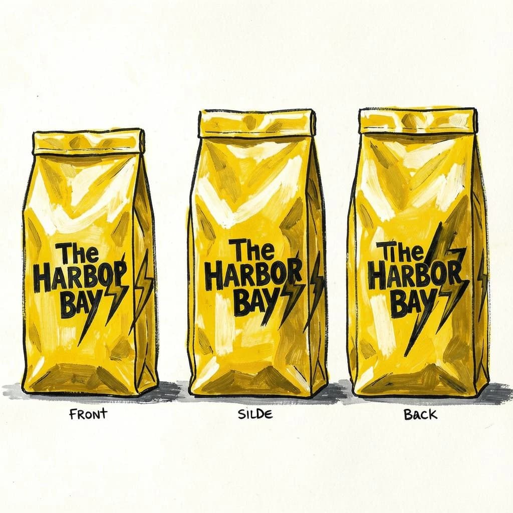 Gouache painting of the same coffee bag drawn in three views, captioned "front", "side" and "back", every view carrying the wordmark "The Harbor Bay" with a lightning-bolt symbol beside it in the same black-and-yellow coloring, only the angle changing.