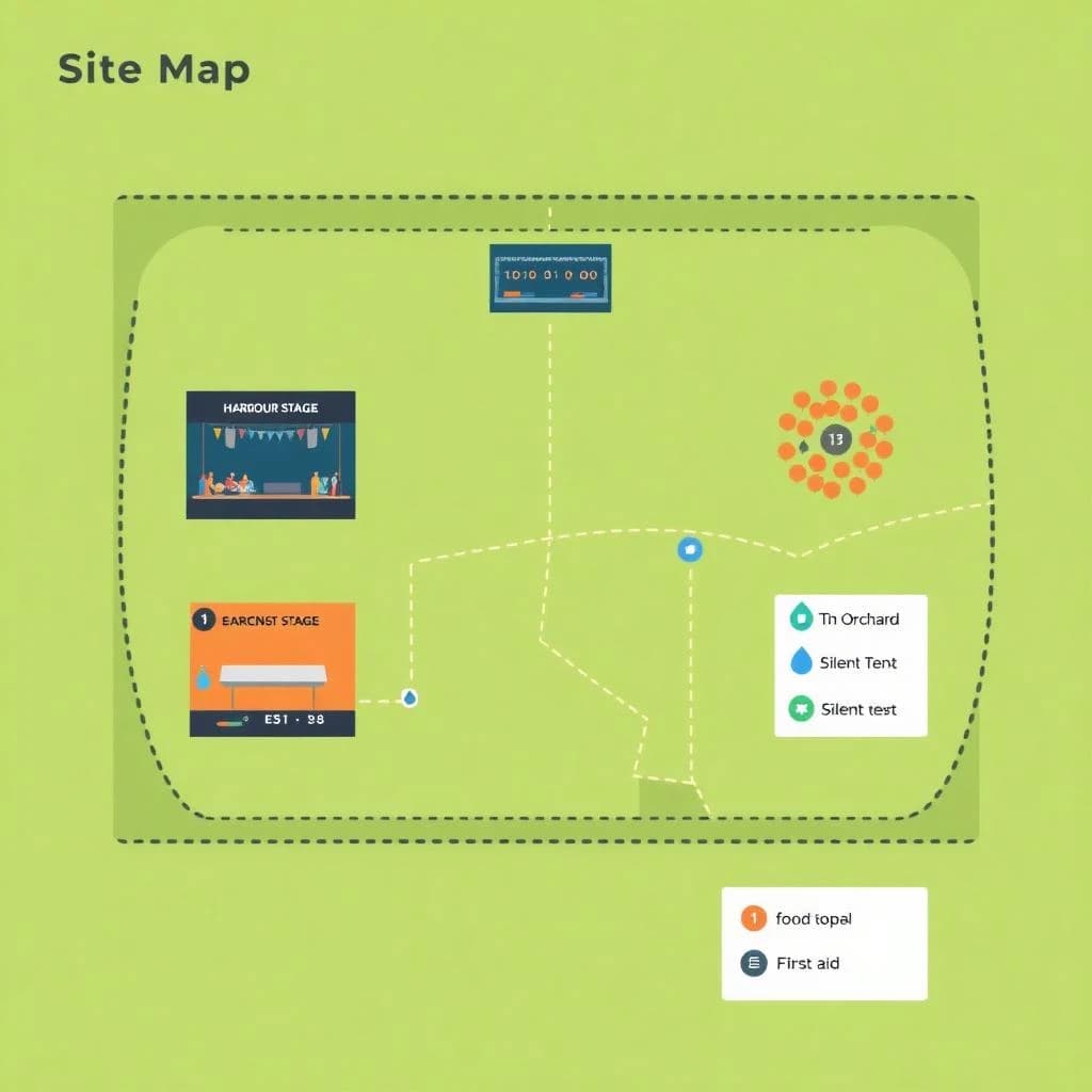 Festival site map in flat editorial infographic style, bird's eye, flat colour blocks on a sage green field inside a dotted perimeter fence.
Four stages: the main "Harbour Stage" along the north edge with a wide crowd shape in front of it, "Tin Shed" on the east, "The Orchard" on the west inside a cluster of round tree canopies, and a small circular "Silent Tent" at the south west corner with no crowd shape around it.
Two food streets run east to west between the stages, the northern one with nine numbered stalls and the southern one with six. Three water points marked by blue droplets sit one beside each of the first three stages. A single first aid cross sits where the two food streets meet the central path.
A gravel path loops the whole site as a dashed ochre line, with entrance gates on the south and east sides only.
A legend box in the lower right lists "Stages", "Food", "Water", "First aid" and "Gates", each with its own symbol. Title at the top left reads "Site Map, Saturday".
