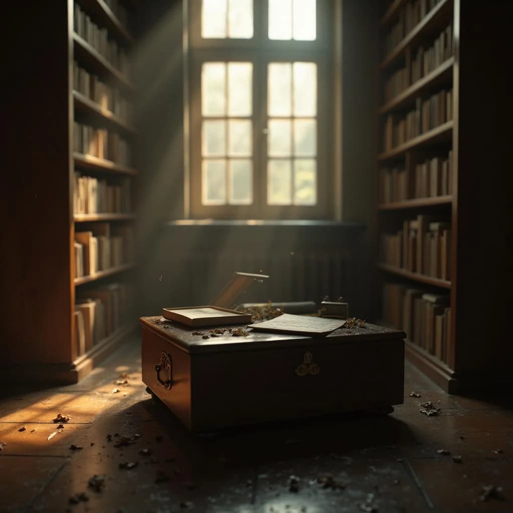 The quiet second when a music box takes on a thin rim of warm light, in a quiet library, in light rain.
