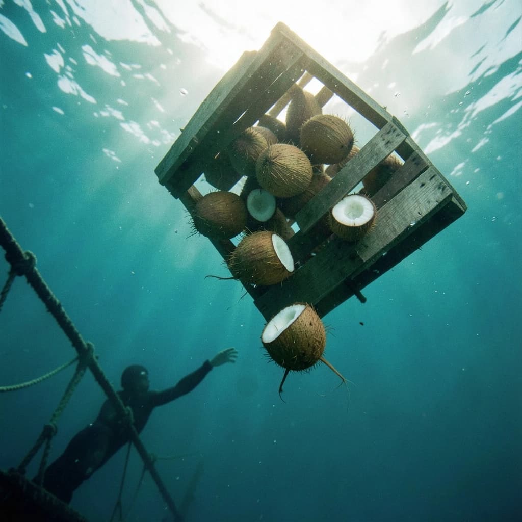 Underwater photography, film still from a castaway feature, shot from six metres down looking up toward the surface. A wooden crate has burst mid-sink: nine coconuts drift out of it, five still husked and pale brown, four split open and white, the split ones sinking faster than the whole ones. The crate hangs above them, lid half torn away, roped to a sunken mast that runs out of frame to the lower left. A swimmer silhouetted against the bright surface reaches down toward the nearest whole coconut, one fin missing. Blue green water column, sunbeams, drifting particles, natural light only.