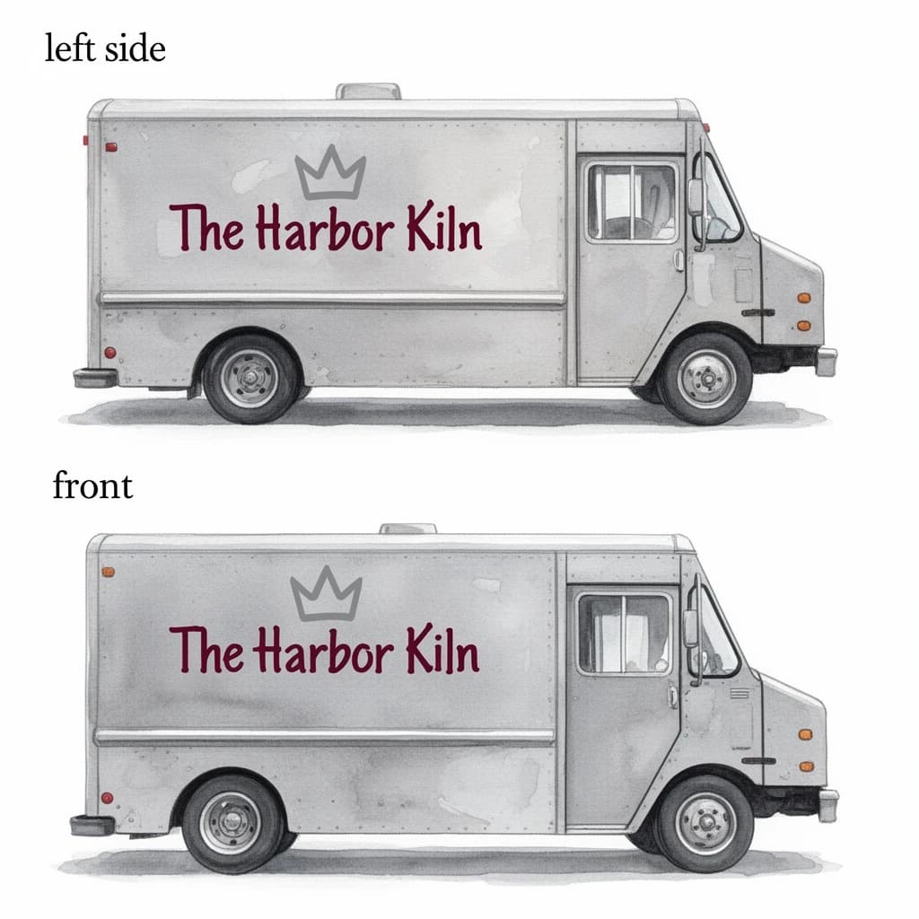 Watercolor of the same food truck drawn in two sides, captioned "left side" and "front", every side carrying the wordmark "The Harbor Kiln" with a simple crown outline beside it in the same maroon-and-gray coloring, only the side changing.