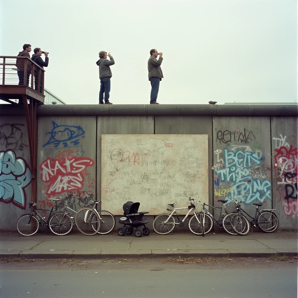 Shot on 1970s Kodachrome era color film, warm grain and slightly faded reds. A stretch of the Berlin Wall on a grey afternoon, covered in overlapping graffiti with one clean unpainted panel in the middle. Three people stand on a wooden viewing platform at the left, two of them looking over the top through binoculars while the third has turned back toward the camera with a cigarette. Four bicycles lean along the base of the wall, three upright and one fallen on its side. A pram is parked below the clean panel with a small bunch of tulips wedged into a crack above it. No cars in the frame.