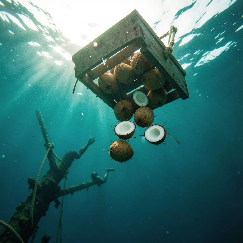 Underwater photography, film still from a castaway feature, shot from six metres down looking up toward the surface. A wooden crate has burst mid-sink: nine coconuts drift out of it, five still husked and pale brown, four split open and white, the split ones sinking faster than the whole ones. The crate hangs above them, lid half torn away, roped to a sunken mast that runs out of frame to the lower left. A swimmer silhouetted against the bright surface reaches down toward the nearest whole coconut, one fin missing. Blue green water column, sunbeams, drifting particles, natural light only.