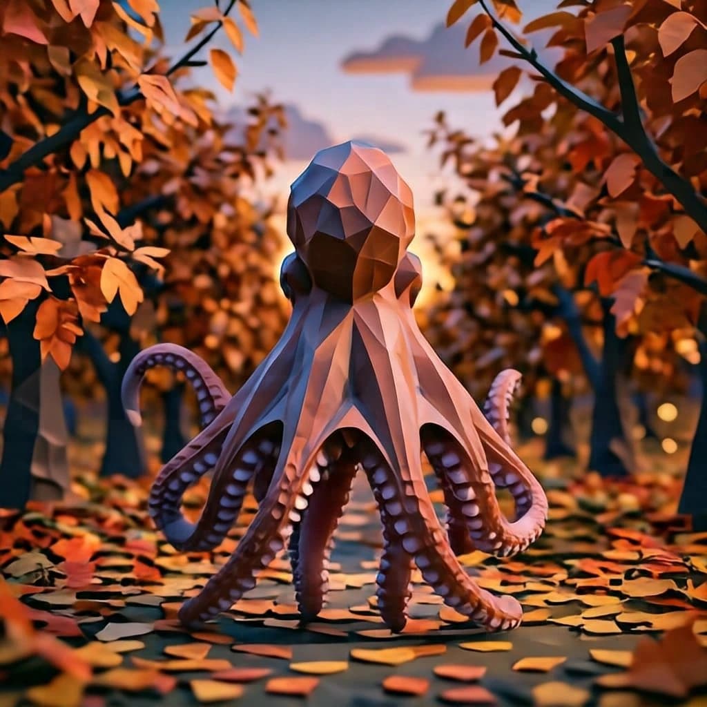 An octopus seen from the back in an autumn orchard, at dusk, centered full-body framing, low-poly 3D style.