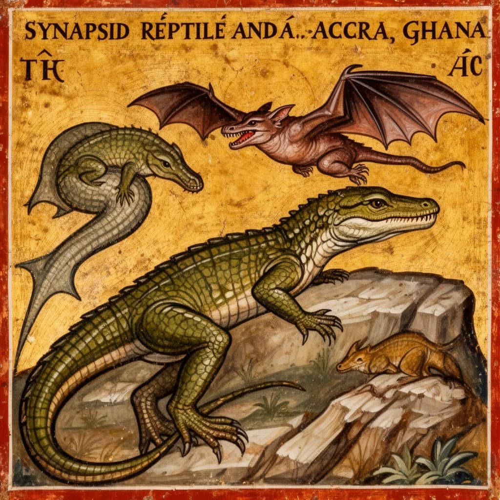 Synapsid Reptile and Bat in Accra, Ghana in the style of byzantine