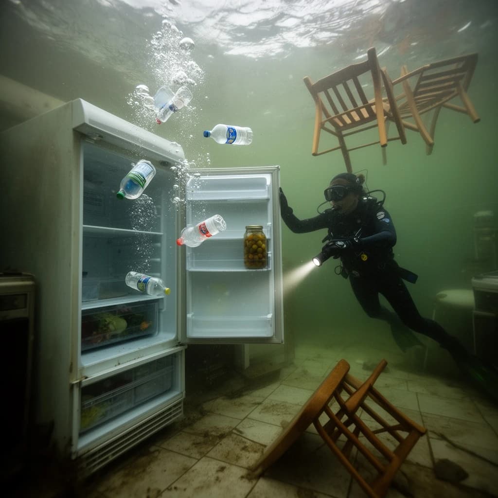 Underwater photograph inside a flooded apartment kitchen, silt green water, one window's worth of light from above. The refrigerator stands with its door swung open; three plastic bottles drift upward out of it, one still capped and two open and trailing bubbles, while a jar of pickles stays wedged on the middle shelf. A diver in a black wetsuit hovers to the right of the door, one hand on the top hinge, the other aiming a torch into the empty vegetable drawer. Two wooden chairs float against the ceiling above her, a third lies on its side on the tiles. Suspended particles, cold contrast, slow shutter softness.