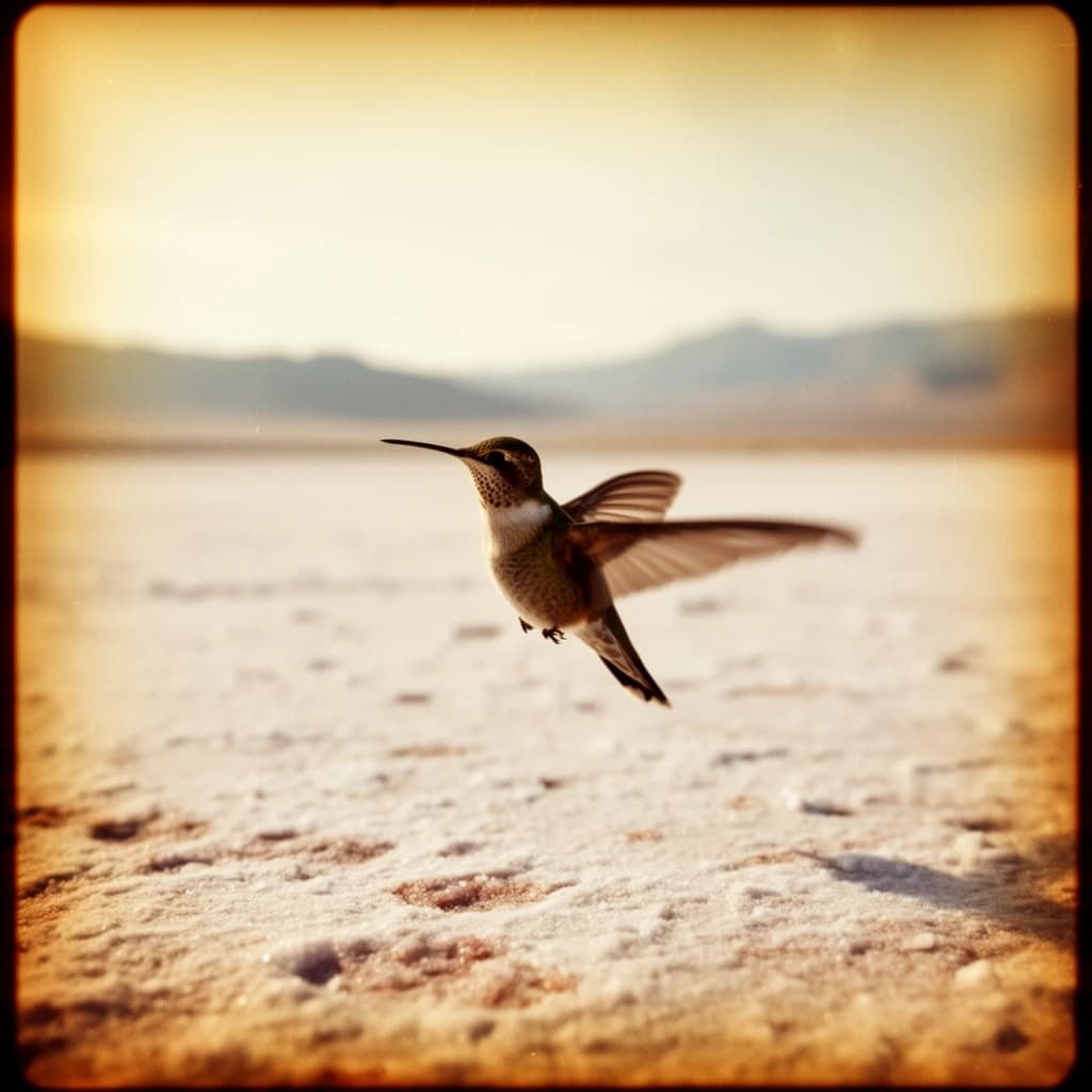 85mm f/8 portrait of a hummingbird across a salt flat, lit through a north-facing window, deep focus, warm color negative look