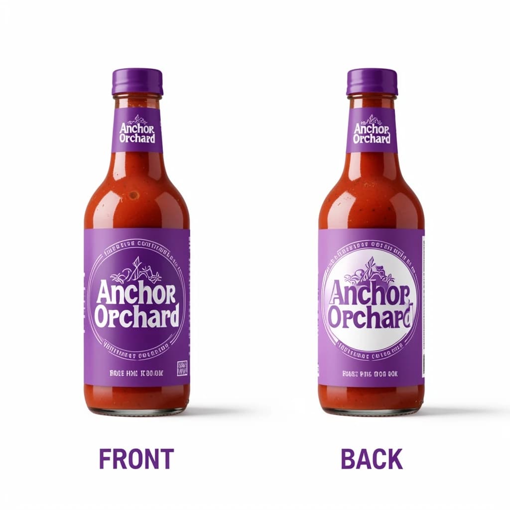 Printed poster: one hot-sauce bottle in two views. The views are captioned "front" and "back" in that order. The wordmark "Anchor Orchard" appears on every view. The purple-and-white coloring is the same across every view, and only the angle changes.