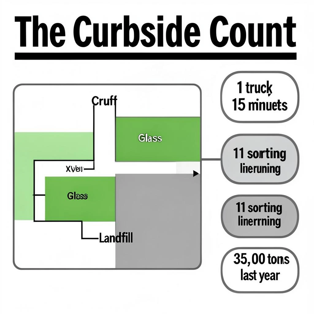 Printed poster titled "The Curbside Count": at the center a flow chart from curb to sorting floor, carrying two keyed regions, "Glass" shaded green and "Landfill" shaded gray, beside a right column of three stat chips reading "1 truck every 15 minutes", "11 sorting lines running" and "35,000 tons collected last year".