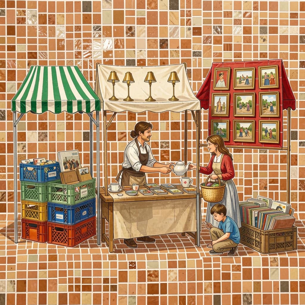 Glass tile mosaic of a Sunday flea market seen from a slightly raised angle, small square tesserae and warm terracotta grout. Three stall awnings in a row: the left one striped green and white over stacked vinyl crates, the middle plain canvas over six brass lamps with only the two tallest wearing shades, the right red awning hung with nine framed pictures in three rows of three. Under the middle awning a vendor in an apron hands a teapot across the table to a woman holding a straw basket, while a boy crouches at her feet by a crate of records. No lettering anywhere.
