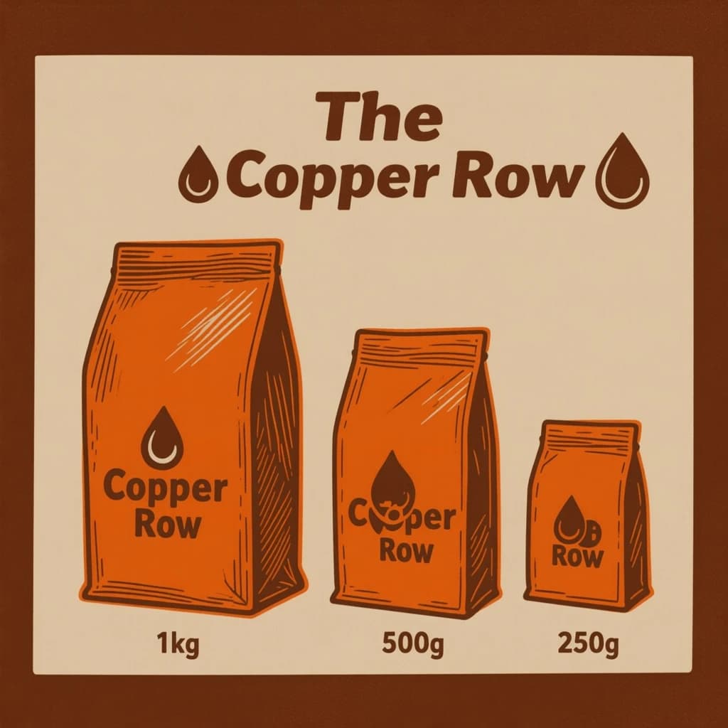 Linocut print: one coffee bag in three sizes. The sizes are captioned "1kg", "500g" and "250g" in that order. The wordmark "The Copper Row" appears on every size with a single droplet symbol beside it. The orange-and-brown coloring is the same across every size, and only the bag size changes.
