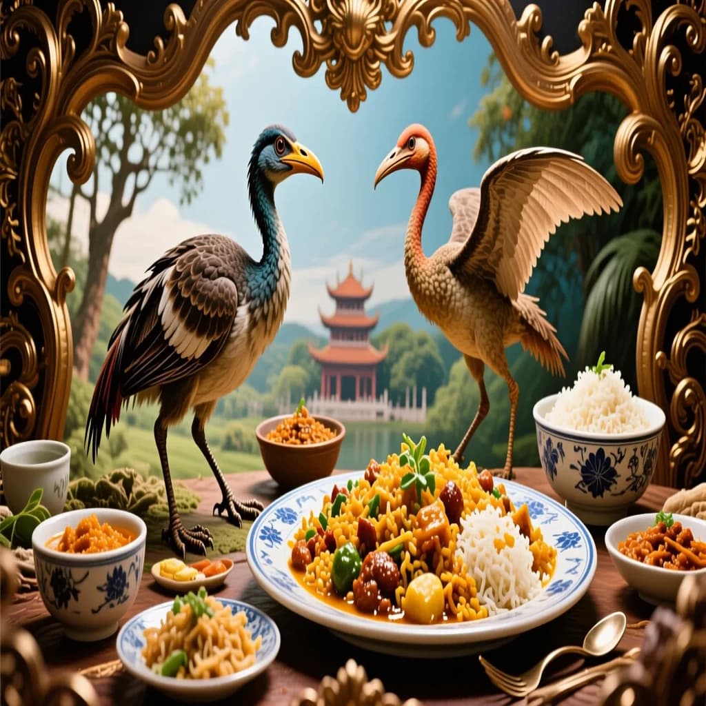 Archaeornis and Biryani in Hanoi, Vietnam in the style of baroque