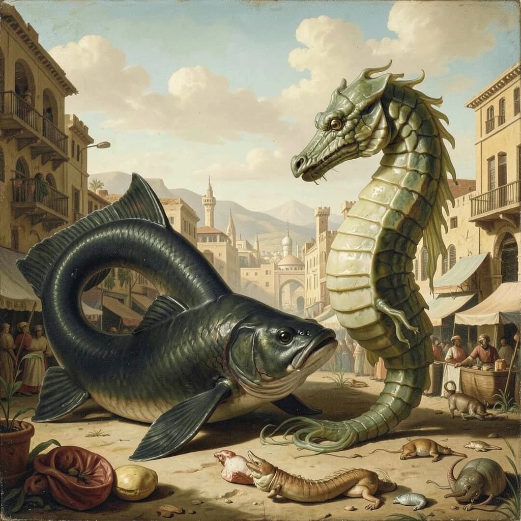 Blackfish and Sea Horse in Sanaa, Yemen in the style of neoclassical