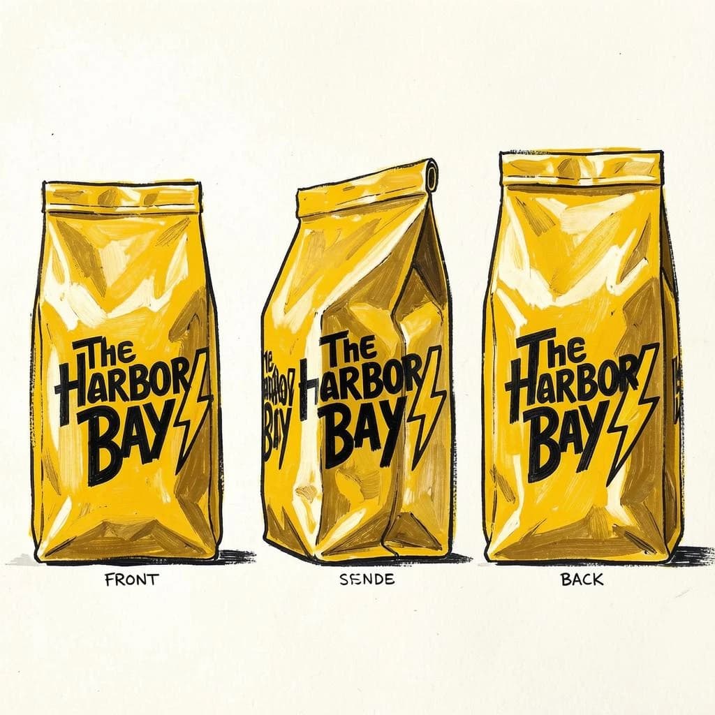 Gouache painting of the same coffee bag drawn in three views, captioned "front", "side" and "back", every view carrying the wordmark "The Harbor Bay" with a lightning-bolt symbol beside it in the same black-and-yellow coloring, only the angle changing.