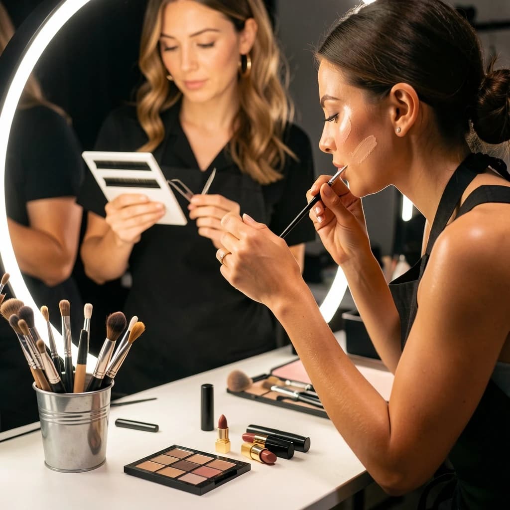 Fashion photograph at a backstage vanity lit by a ring light. A makeup artist in a black apron leans in from the right and blends cream blush into a seated model's cheekbone with her fingers, while a second artist standing behind them holds a lash tray in one hand and tweezers in the other, mid pick. On the counter between them: six brushes standing bristle up in a metal cup, three lipstick bullets lying in a row with their caps off beside them, and one open palette showing two used shades and four untouched. Warm skin tones, glossy highlights, shallow depth of field.
