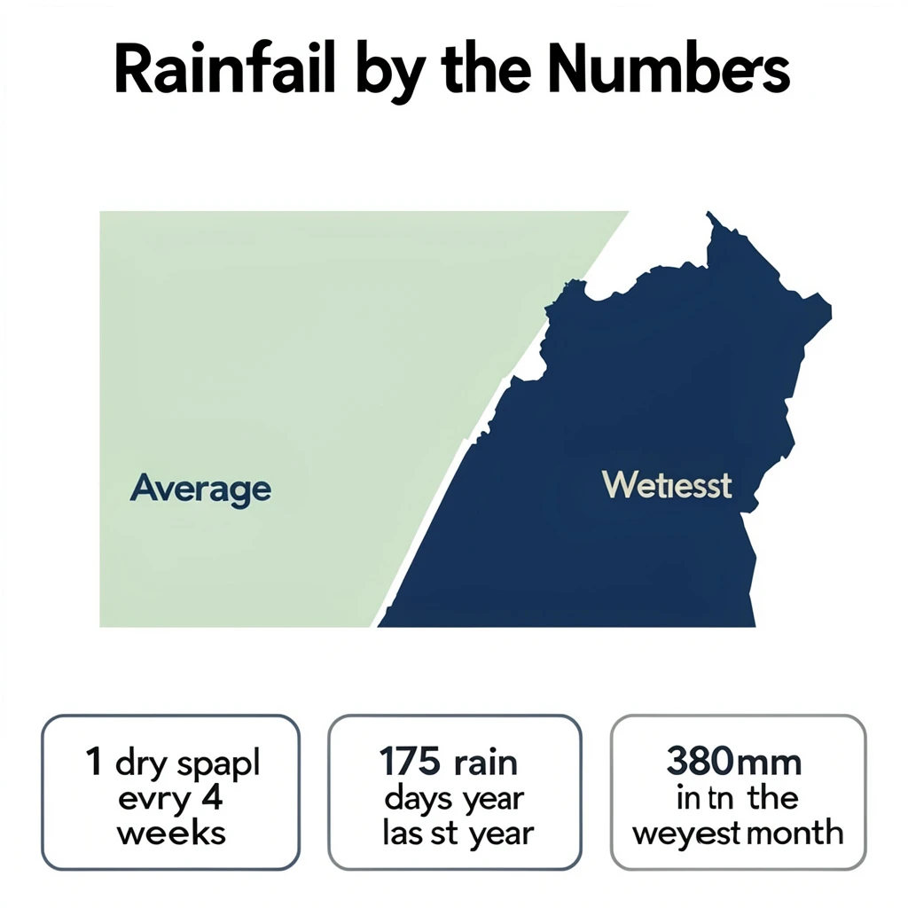 Flat infographic titled "Rainfall by the Numbers": at the center a twelve-month rainfall timeline, carrying two keyed regions, "Average" shaded pale green and "Wettest" shaded dark blue, beside a bottom row of three stat chips reading "1 dry spell every 4 weeks", "175 rain days last year" and "380mm in the wettest month".