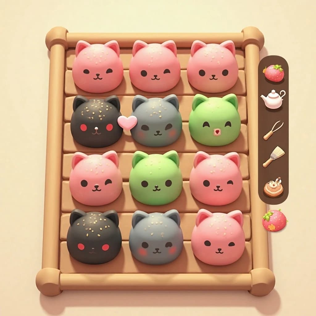 Match three board for a cozy sweets game, cute stylized 3D animation look. Nine mochi in a three by three grid on a bamboo tray: the top row strawberry pink, the middle row matcha green, the bottom row black sesame grey. The center green one has a bite taken out and a small heart icon floating above it. Two of the pink mochi wear tiny cat ears. To the right of the tray, a vertical strip of three power up icons, a whisk, a teapot and a fan. Soft pastel lighting, glossy dusted surfaces.