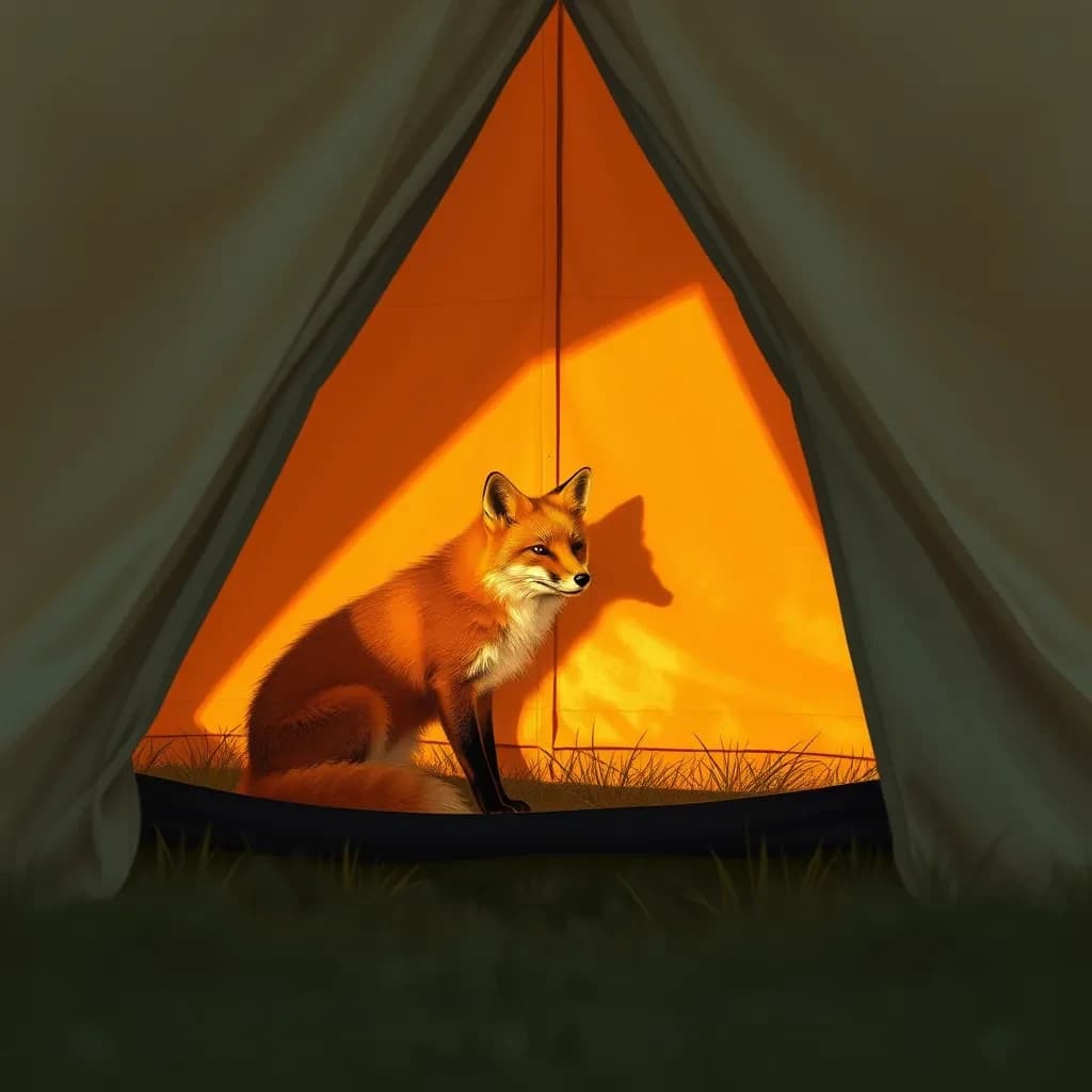 A red fox cast in a warm edge highlight inside a canvas tent, at golden hour, off-center framing with negative space, gouache style.