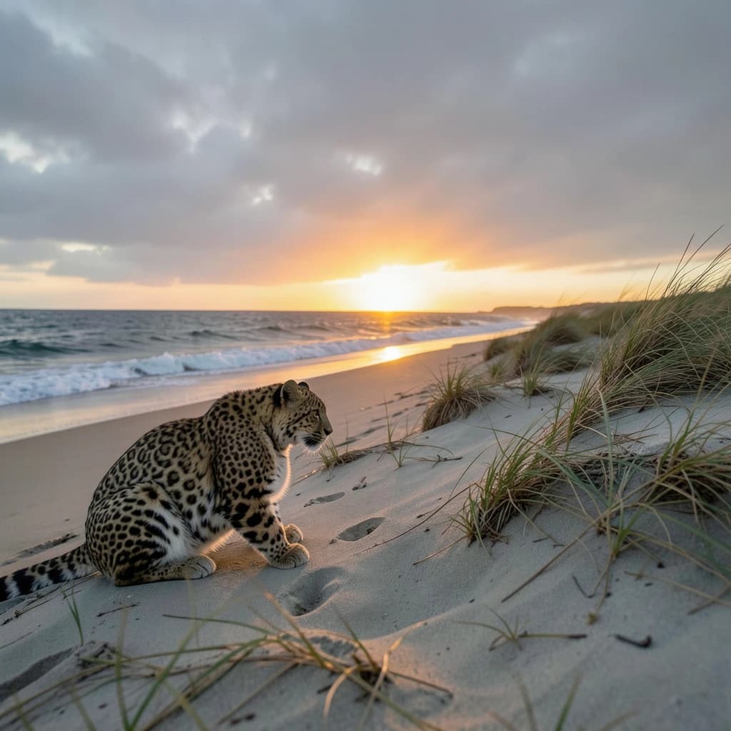 The pause when a snow leopard meets a low band of sun, on a windswept beach, under an overcast sky.