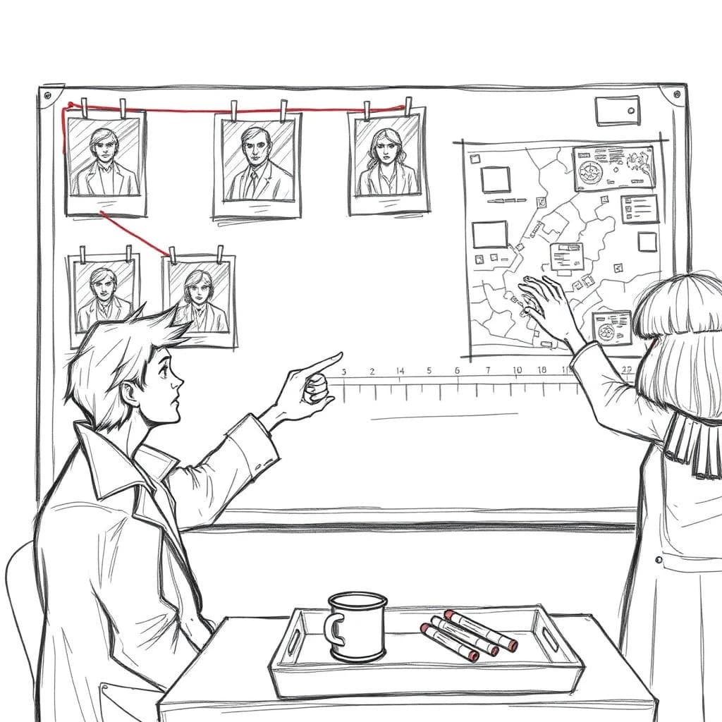 Rough storyboard panel in loose graphite sketch style for a detective game cutscene. A precinct whiteboard fills the wall: six pinned photographs in two rows of three, red string linking the leftmost photo of the top row to the middle photo of the bottom row and on to a map tacked at the right edge. Three magnets hold a timeline strip along the bottom of the board. In front of it two detectives, the seated one pointing at the map while the standing one wipes the upper right corner clean with her sleeve. A mug and four markers sit in the tray, one marker uncapped. Quick hatching, smudged shading, no color.