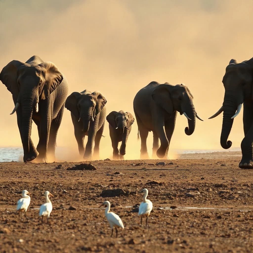 Wildlife photograph for a conservation campaign: a herd crossing a dusty riverbed in low sun. Seven elephants walking left to right, three adults flanking on the outside and two calves tucked between them, one adult trailing at the rear with a broken tusk, and the lead matriarch already up the far bank. Four egrets on the ground, only two of them near the calves. Long shadows, dust haze, nothing written in frame.