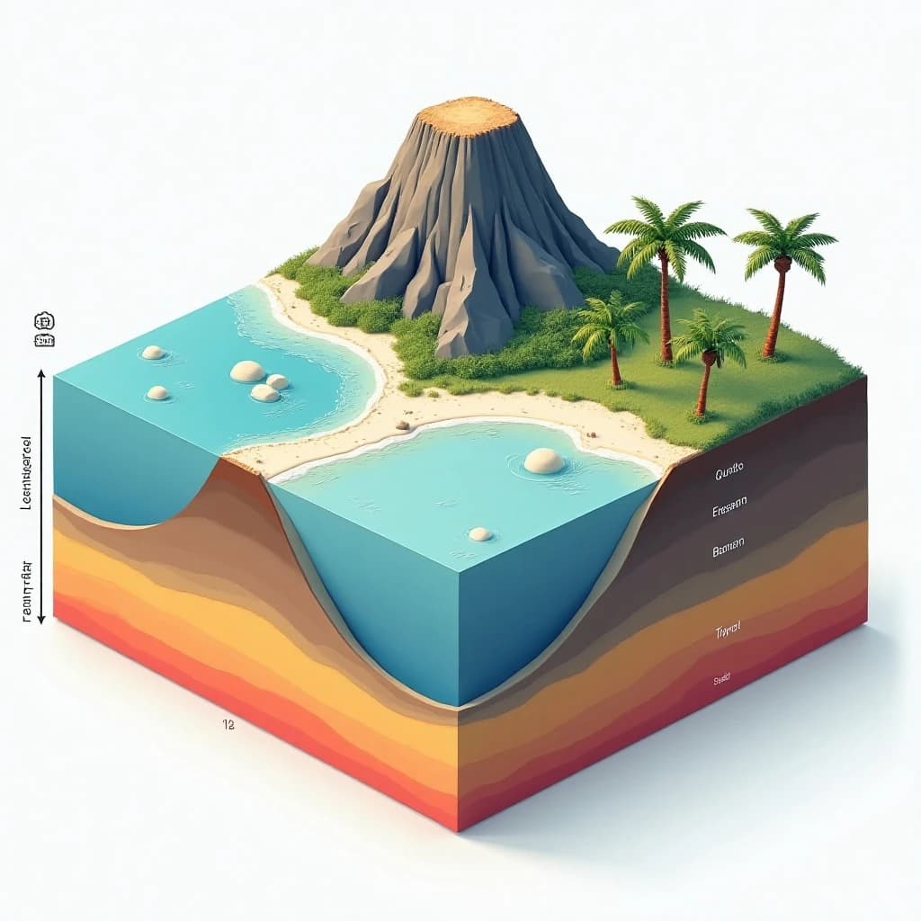 Cross section of a volcanic tropical island as a flat academic figure with clean colour blocks and a horizontal sea level line. Reading from the ocean on the left toward the right: a fringing reef crest, a shallow lagoon holding three coral heads, a white sand beach, a coconut palm belt of five trees, then a rising basalt cone with two lava layers picked out in darker grey, and a freshwater lens drawn as a pale blue dome under the middle of the island. Below sea level the flanks drop in three stepped terraces to a flat deep floor. Eight leader line labels, a depth scale down the left edge, and a small locator inset in the top right.