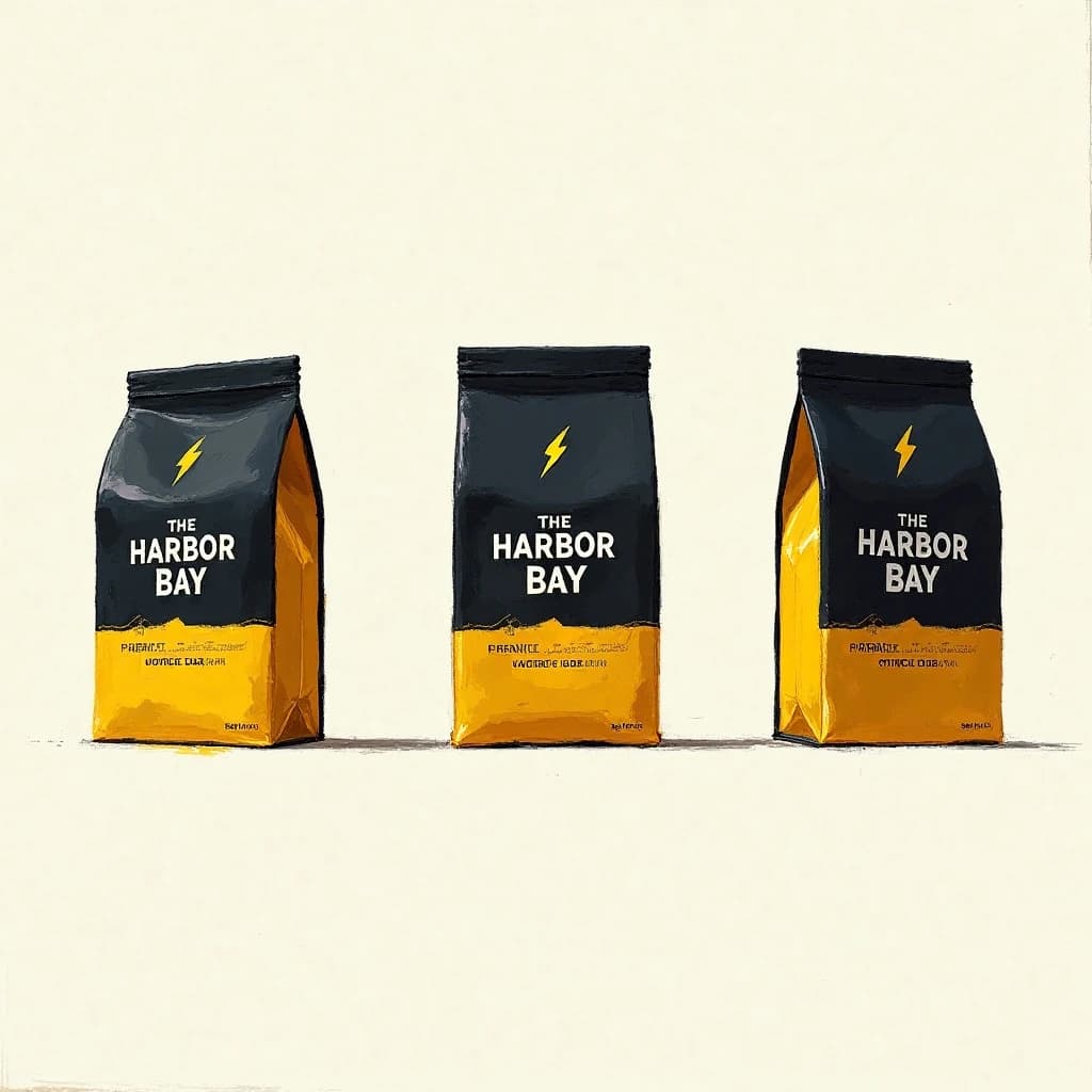 Gouache painting of the same coffee bag drawn in three views, captioned "front", "side" and "back", every view carrying the wordmark "The Harbor Bay" with a lightning-bolt symbol beside it in the same black-and-yellow coloring, only the angle changing.