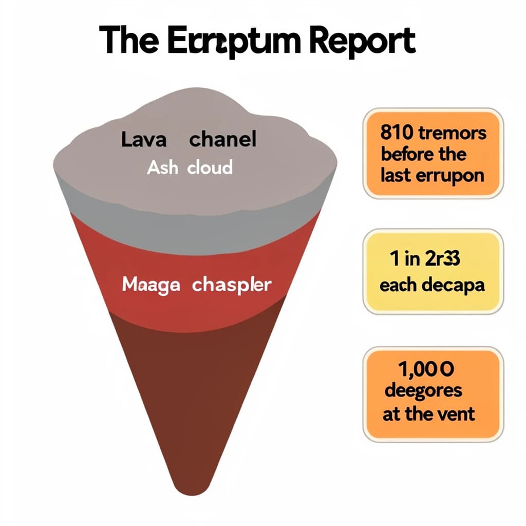 Flat vector illustration titled "The Eruption Report". A cutaway cone sits at the center, carrying three keyed regions, "Lava channel" shaded red, "Ash cloud" shaded gray and "Magma chamber" shaded orange. Three stat chips run down a right column, reading "810 tremors before the last eruption", "1 in 23 erupt each decade" and "1,000 degrees at the vent". Each key color matches the shading of the region it names.