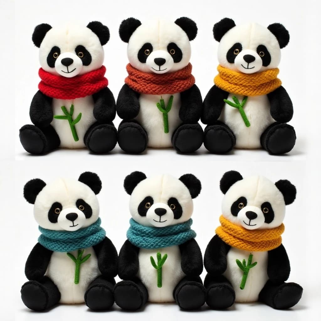 Studio product photography, plain white variant grid: six panda plushes in two rows of three, all seated facing camera. The top row wears knit scarves in red, mustard and teal. The bottom three wear no scarves, each holding a small felt bamboo shoot.
