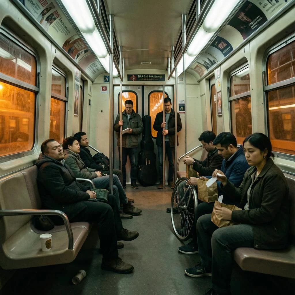 Cinematic photograph inside a late night subway car, handheld, lit only by flickering ceiling strips and orange platform light sliding past the windows. Nine passengers down the car: the three on the left bench all sleep with heads tipped at different angles, the four on the right bench are awake, one folding a paper bag, one holding a bike wheel upright between his knees, one wrapping her own wrist in tape, one staring straight into the lens. Two more stand at the far doors gripping the same pole with a violin case wedged between them. An empty seat beside the nearest sleeper, a coffee cup rolling under it.